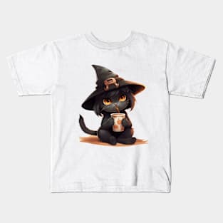 Cartoon black cat wearing a witch hat. Kids T-Shirt